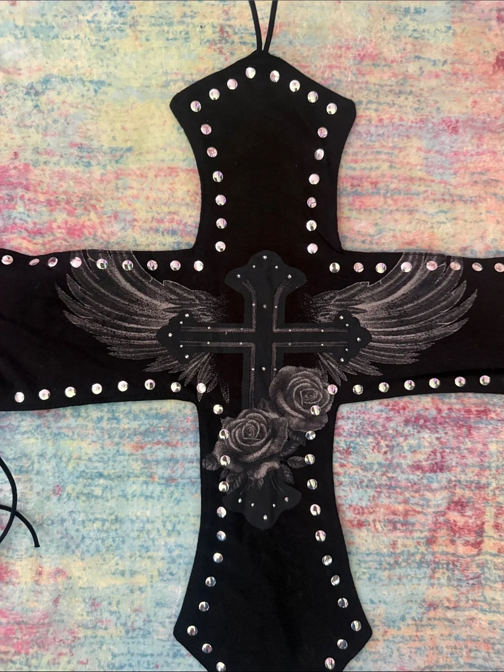 Fashion Nova Black Cross top with Silver Studs and Winged Rose Detail